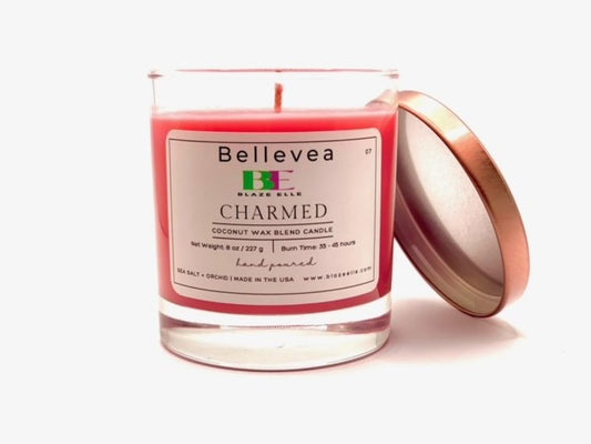 8oz Bellevea Charmed Candle, the scents of sea salt and orchid