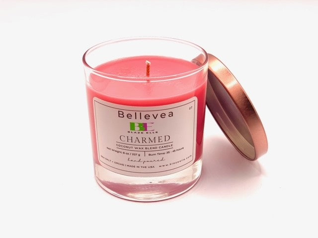 8oz Bellevea Charmed Candle, the scents of sea salt and orchid