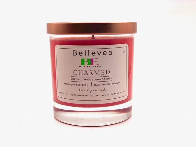 8oz Bellevea Charmed Candle, the scents of sea salt and orchid