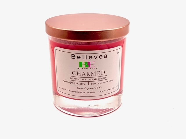 8oz Bellevea Charmed Candle, the scents of sea salt and orchid