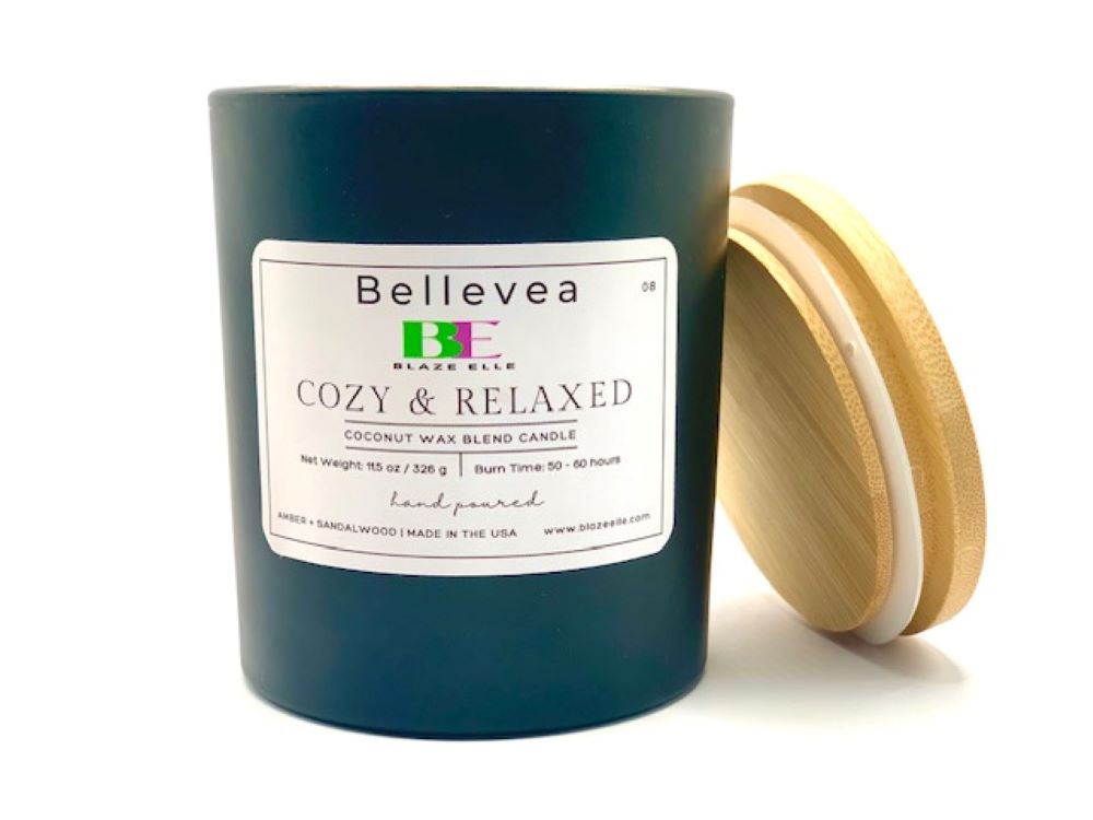 11.5oz Bellevea Cozy & Relaxed Candle, the scents of amber and sandalwood