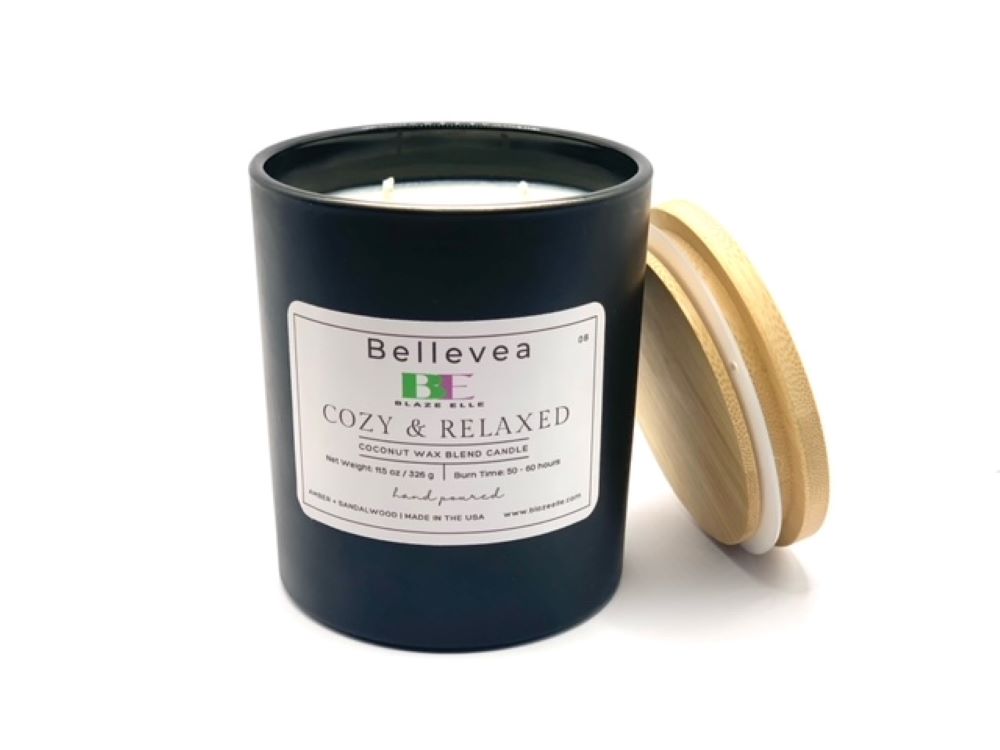 11.5oz Bellevea Cozy & Relaxed Candle, the scents of amber and sandalwood