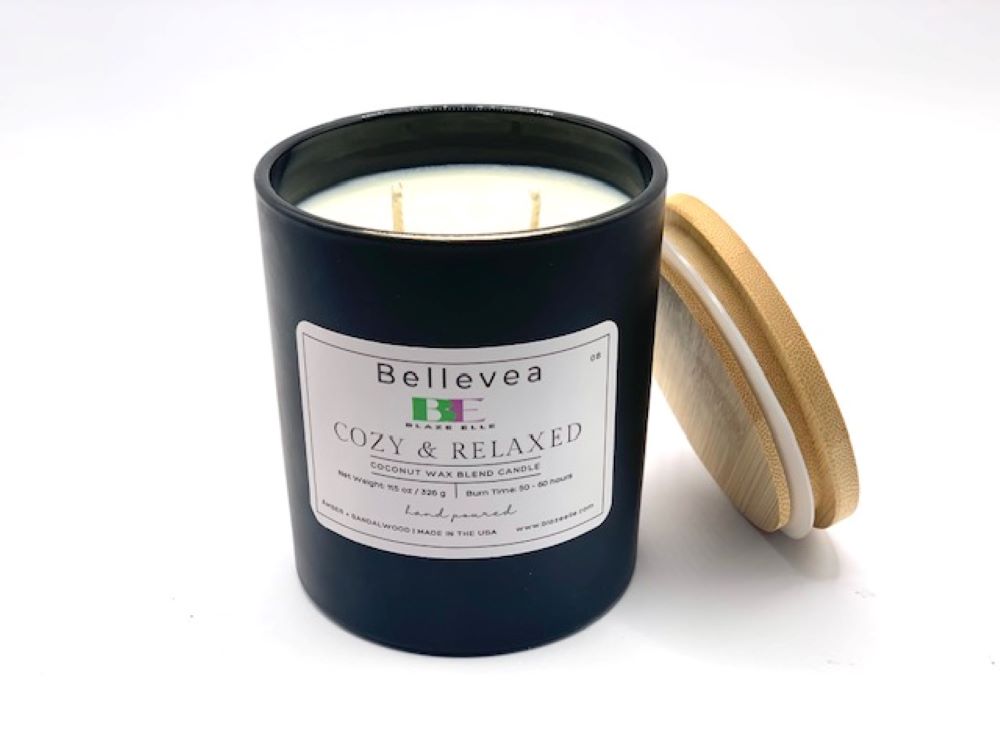 11.5oz Bellevea Cozy & Relaxed Candle, the scents of amber and sandalwood