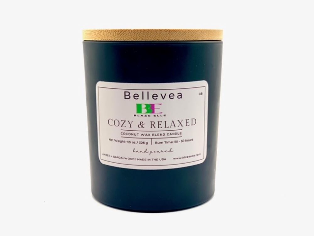 11.5oz Bellevea Cozy & Relaxed Candle, the scents of amber and sandalwood