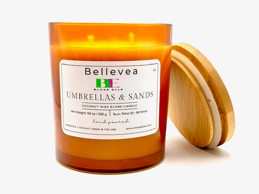 11.5oz Bellevea Umbrella and Sands, the scents of pineapple and coconut.