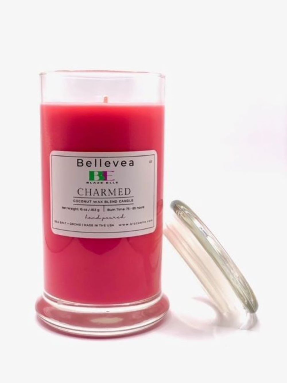 8oz Bellevea Charmed Candle, the scents of sea salt and orchid